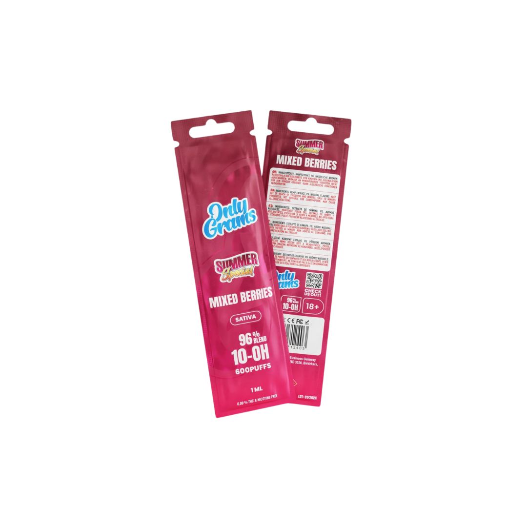 Verpackung des Only Grams Mixed Berries Vape mit 96% 10-OH-HHC, Sativa. Beerenaroma und hohe Qualität für intensives Dampferlebnis.