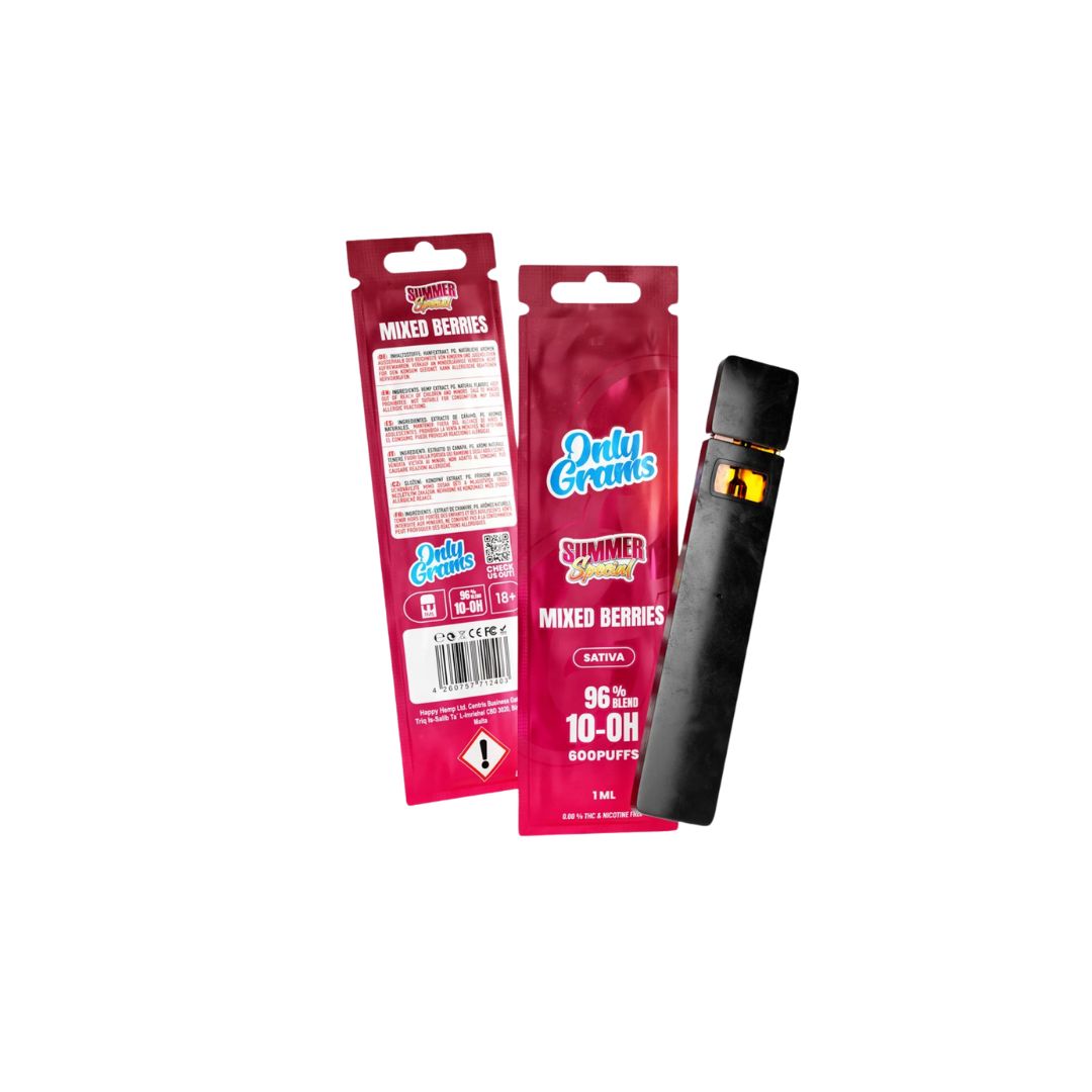 Only Grams Mixed Berries Vape mit 96% 10-OH-HHC, Sativa, in schwarzem Design mit Verpackung. Intensives Beerenaroma für erfahrene Nutzer.